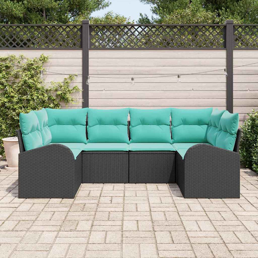 Tuinbankenset met kussen 6 pcs Zwart en Turquoise poly rattan