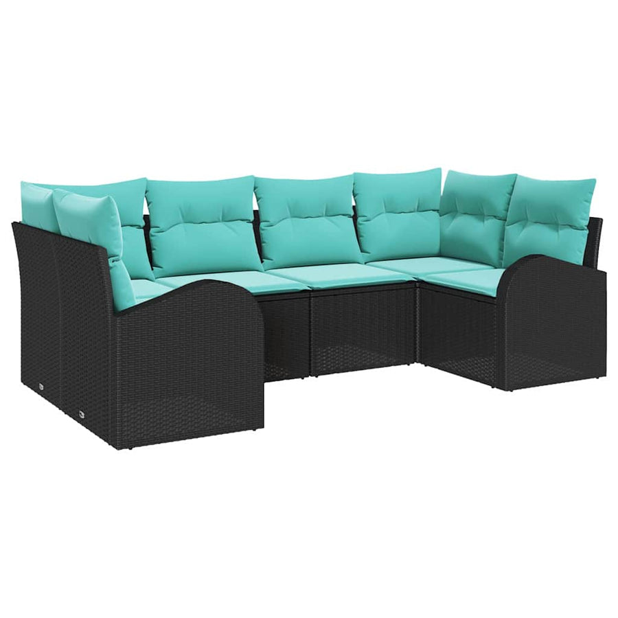 Tuinbankenset met kussen 6 pcs Zwart en Turquoise poly rattan