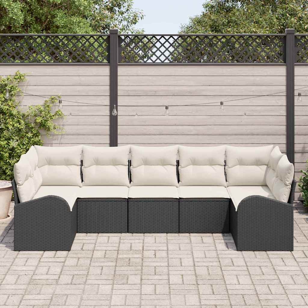 Tuinbankenset met kussen 7 pcs Zwart en Wit poly rattan