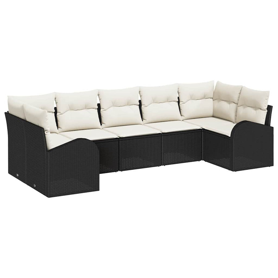 Tuinbankenset met kussen 7 pcs Zwart en Wit poly rattan