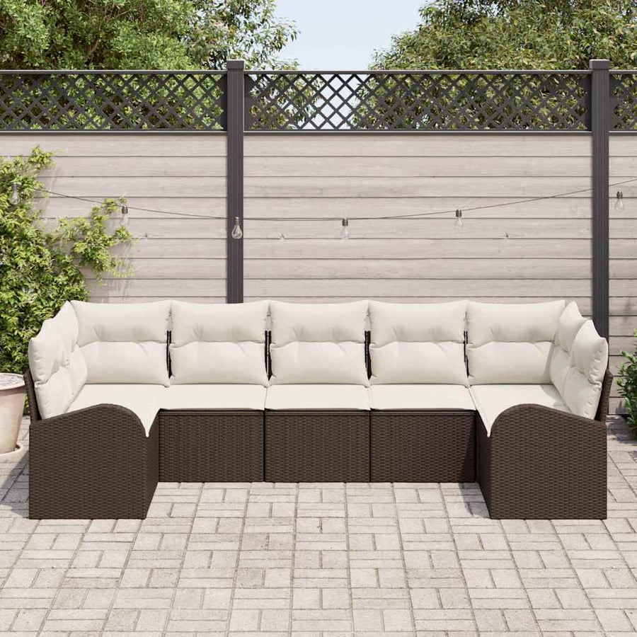 Tuinbankenset met kussen 7 pcs Bruin en wit poly rattan