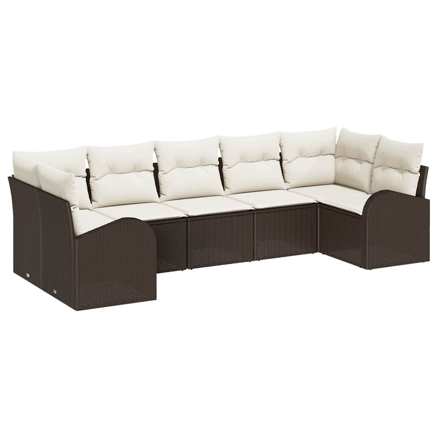 Tuinbankenset met kussen 7 pcs Bruin en wit poly rattan