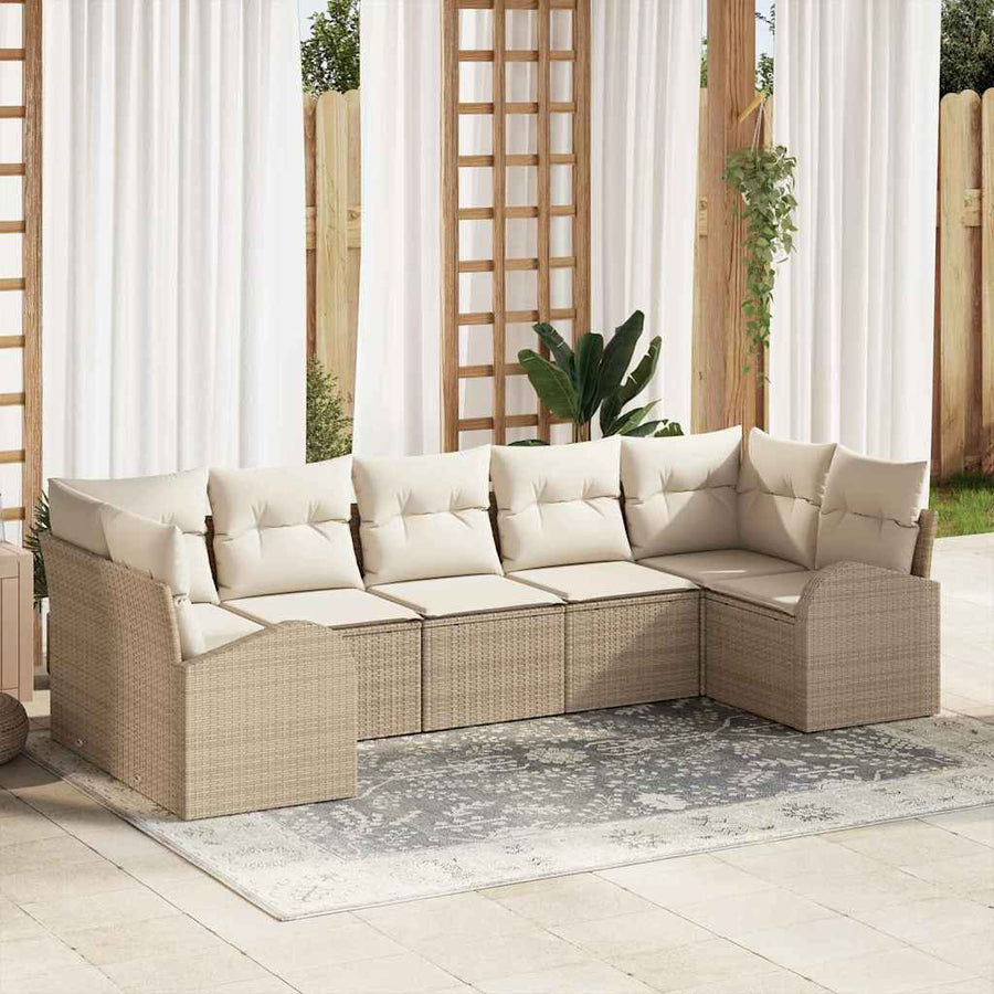 Tuinbankenset met kussen 7 pcs Beige en Wit poly rattan