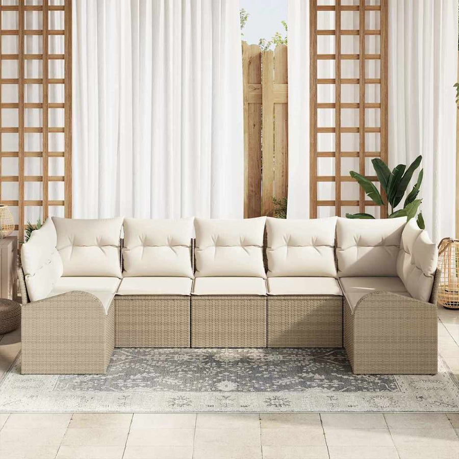 Tuinbankenset met kussen 7 pcs Beige en Wit poly rattan