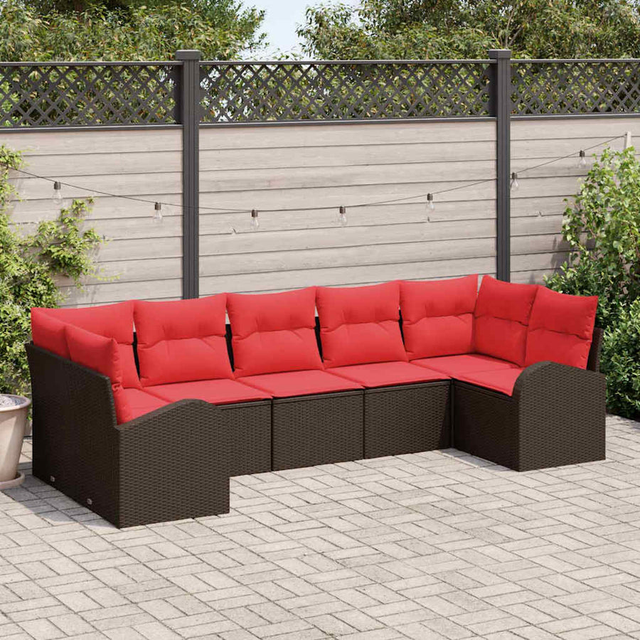 Tuinbankenset met kussen 7 pcs Bruin en Rood poly rattan