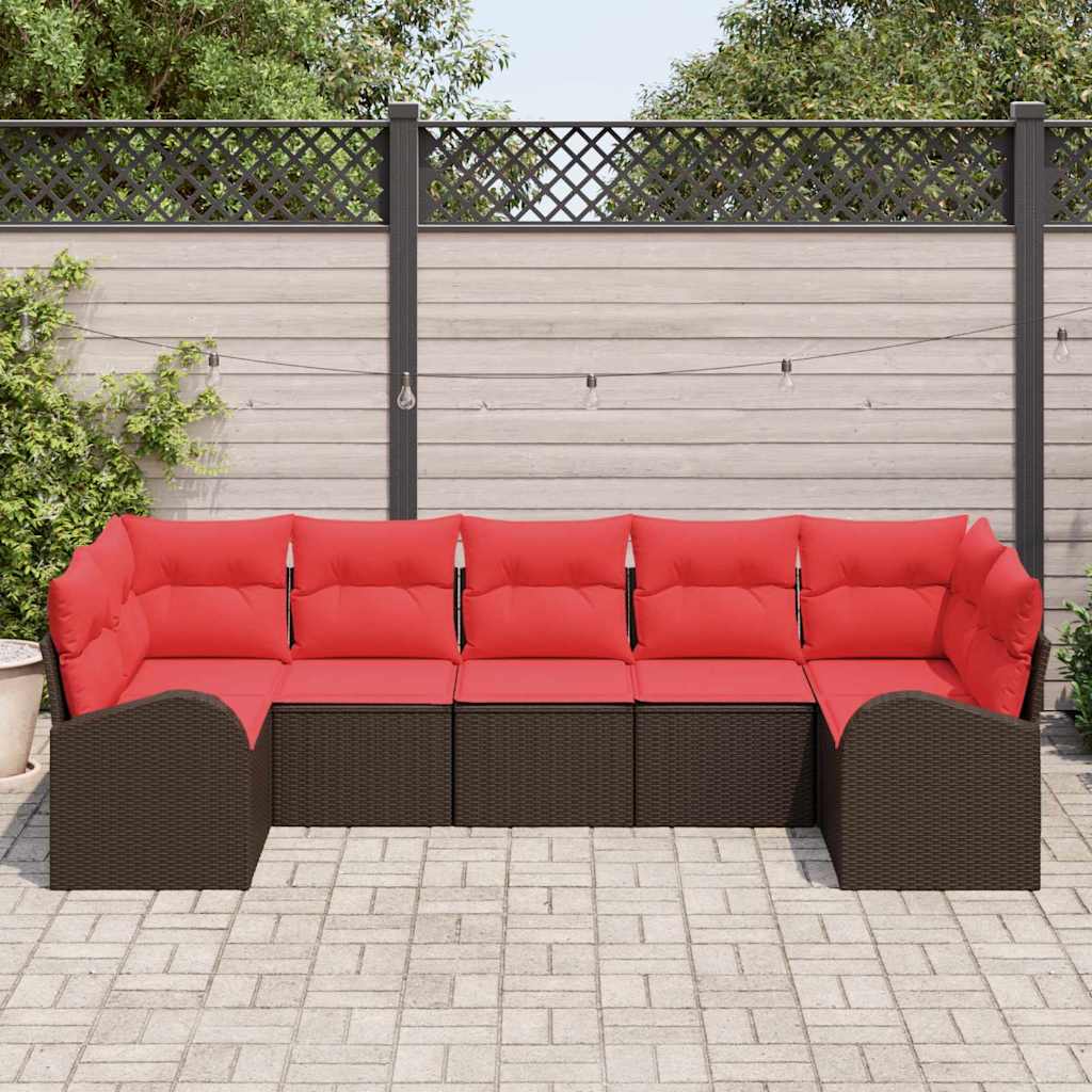 Tuinbankenset met kussen 7 pcs Bruin en Rood poly rattan