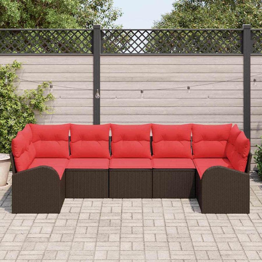 Tuinbankenset met kussen 7 pcs Bruin en Rood poly rattan