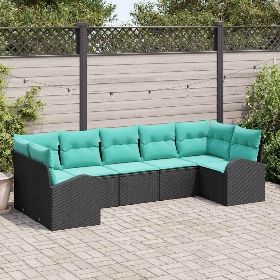 Tuinbankenset met kussen 7 pcs Zwart en Turquoise poly rattan