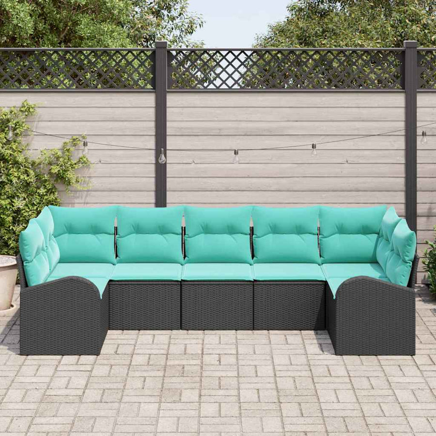 Tuinbankenset met kussen 7 pcs Zwart en Turquoise poly rattan