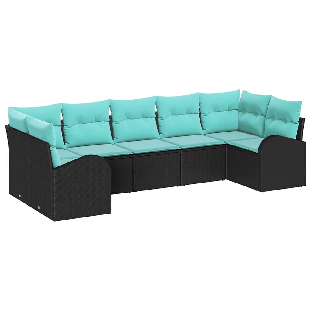 Tuinbankenset met kussen 7 pcs Zwart en Turquoise poly rattan