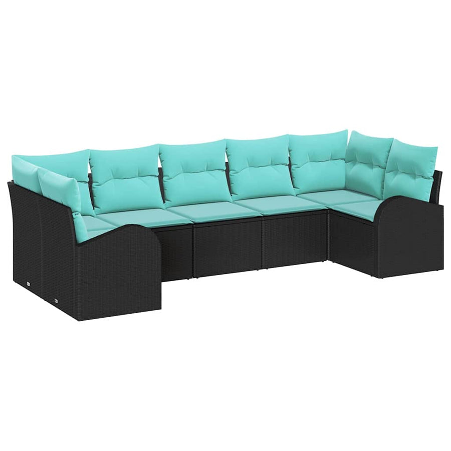 Tuinbankenset met kussen 7 pcs Zwart en Turquoise poly rattan
