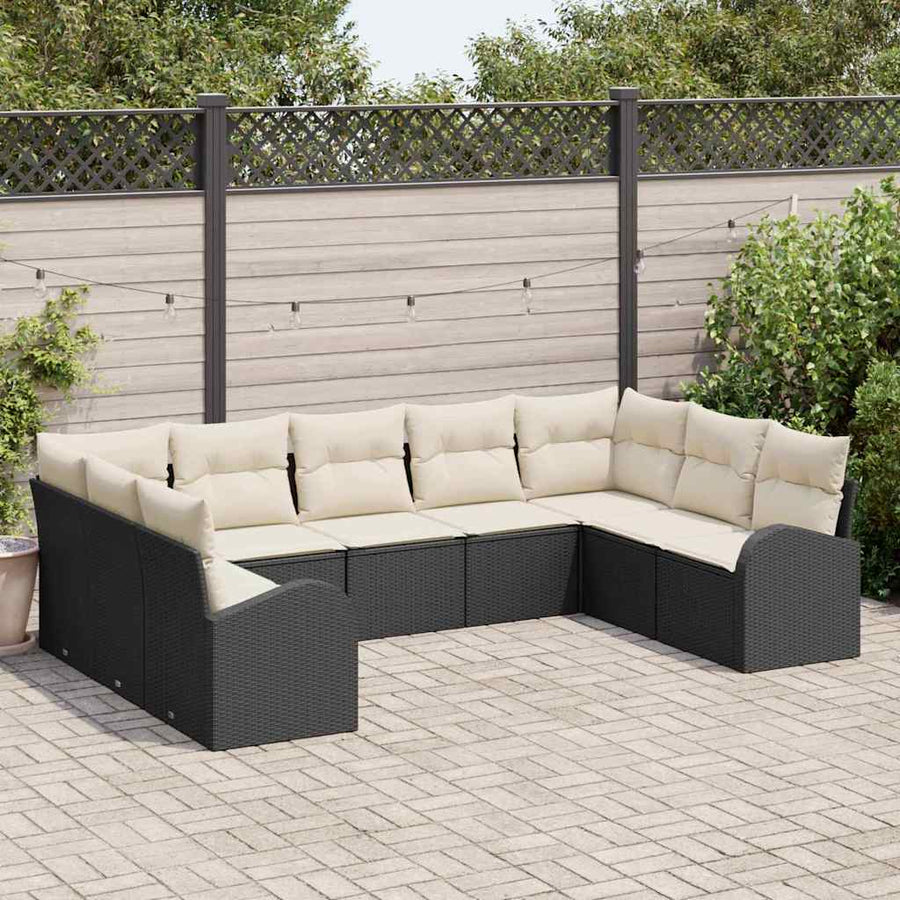 Tuinbankenset met kussen 9 pcs Zwart en Wit poly rattan
