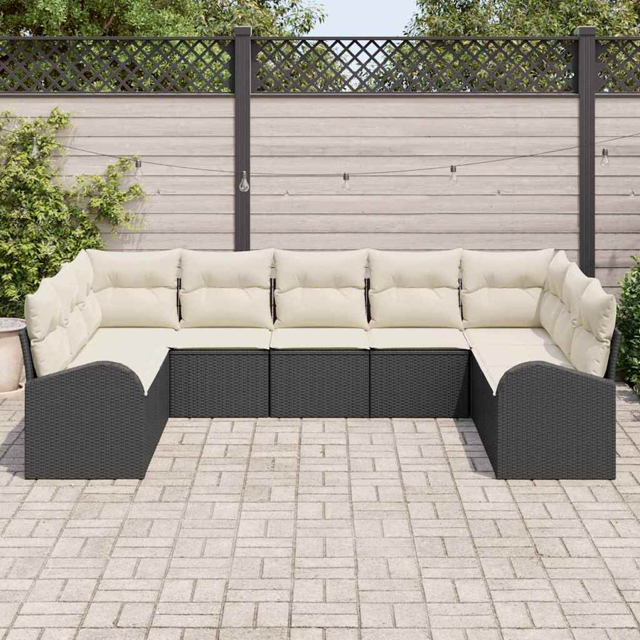 Tuinbankenset met kussen 9 pcs Zwart en Wit poly rattan