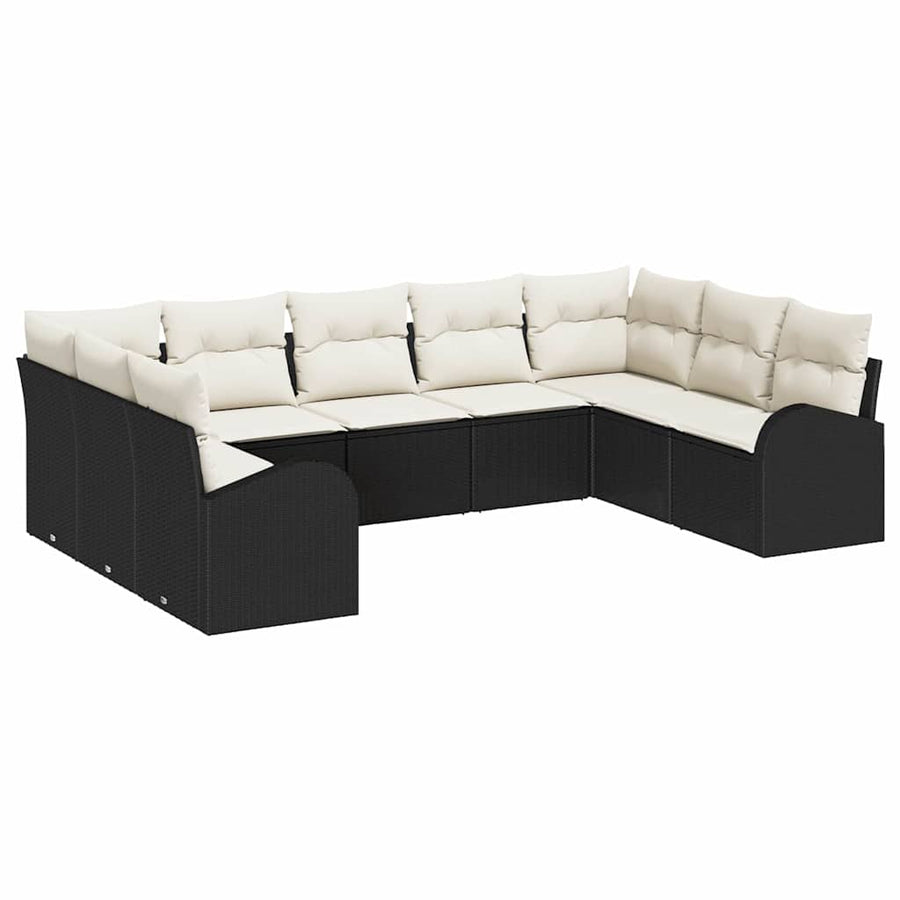 Tuinbankenset met kussen 9 pcs Zwart en Wit poly rattan