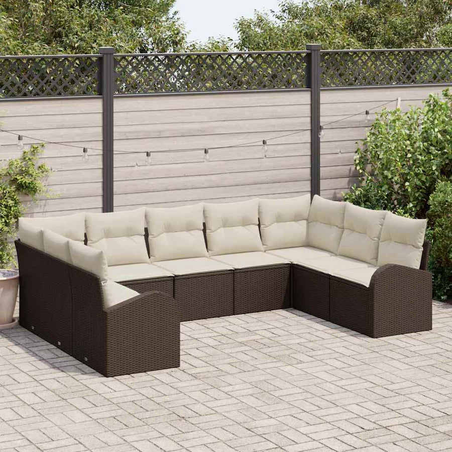 Tuinbankenset met kussen 9 pcs Bruin en wit poly rattan