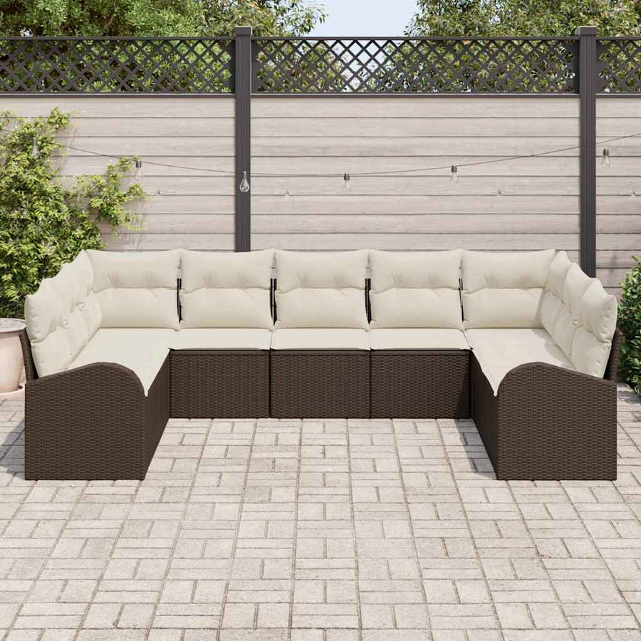 Tuinbankenset met kussen 9 pcs Bruin en wit poly rattan