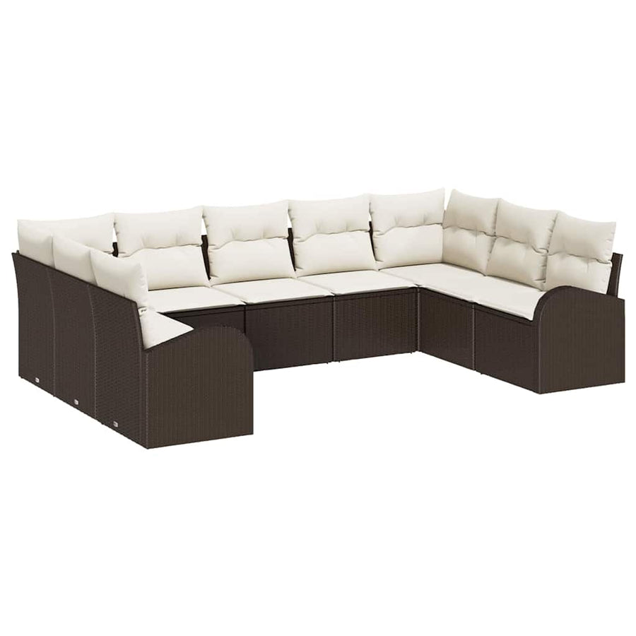 Tuinbankenset met kussen 9 pcs Bruin en wit poly rattan