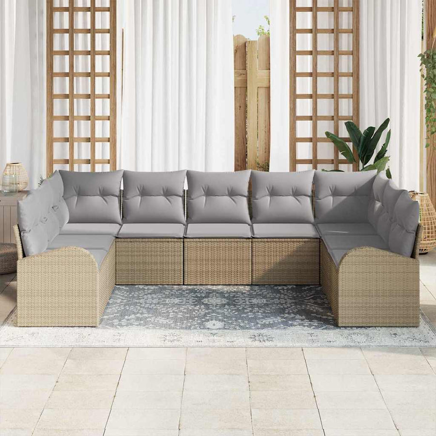 Tuinbankenset met kussen 9 pcs Beige en Licht Grijs poly rattan