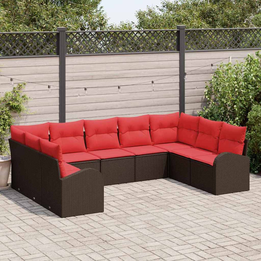 Tuinbankenset met kussen 9 pcs Bruin en Rood poly rattan