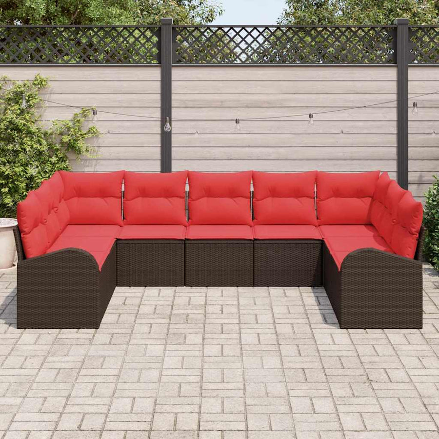 Tuinbankenset met kussen 9 pcs Bruin en Rood poly rattan