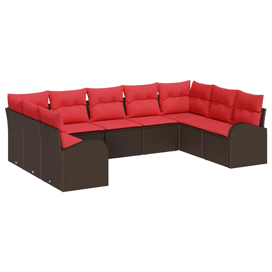 Tuinbankenset met kussen 9 pcs Bruin en Rood poly rattan