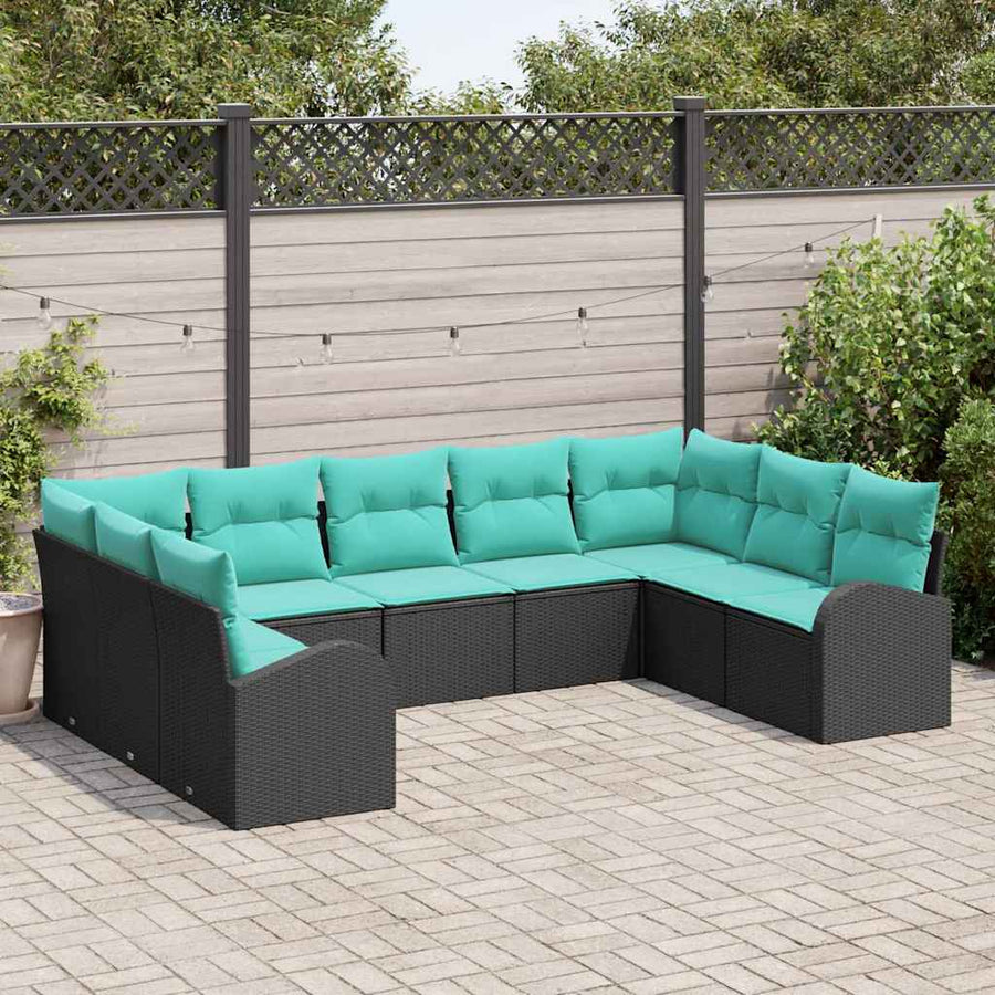 Tuinbankenset Met Kussen 9 Pcs Poly Rattan Zwart en turquoise