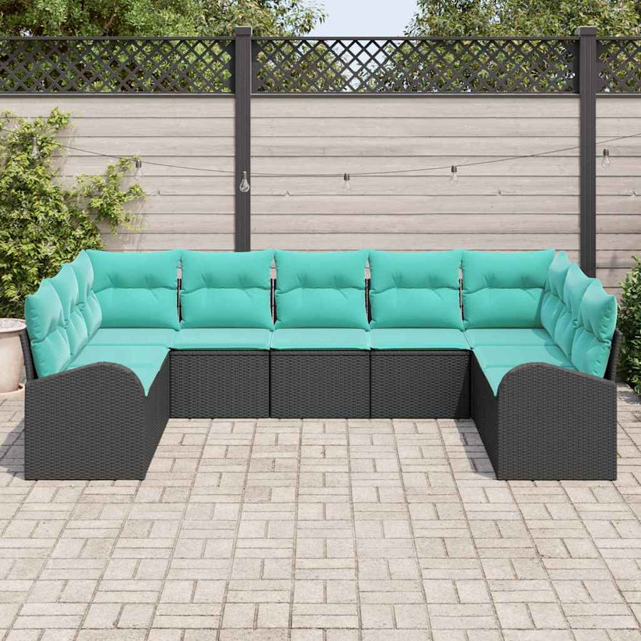 Tuinbankenset Met Kussen 9 Pcs Poly Rattan Zwart en turquoise