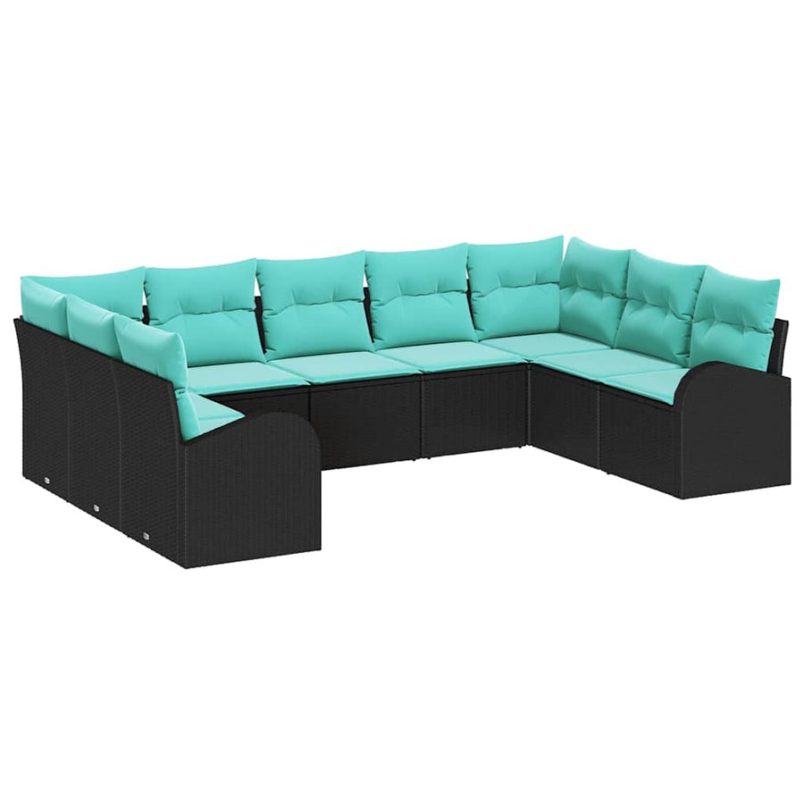 Tuinbankenset Met Kussen 9 Pcs Poly Rattan Zwart en turquoise