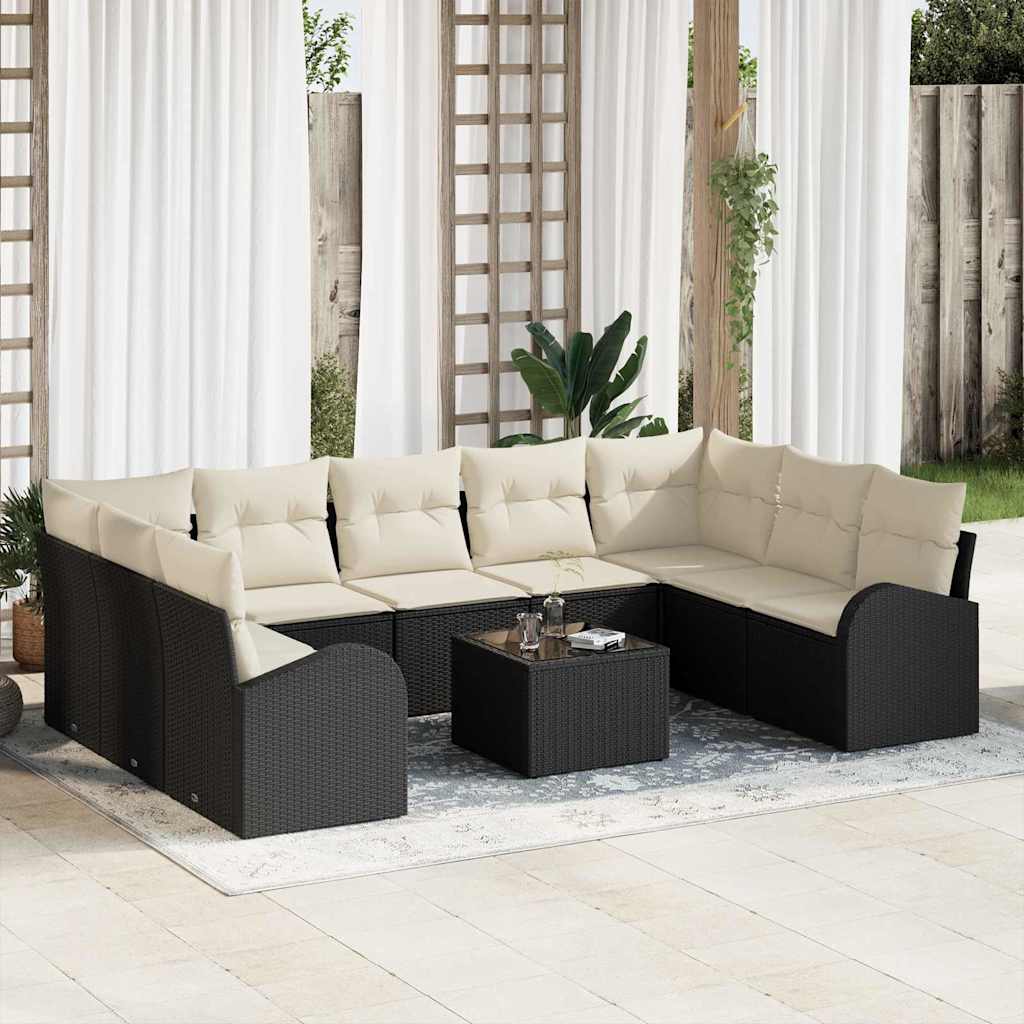 Tuinbankenset met kussen 10 pcs Zwart en Wit poly rattan