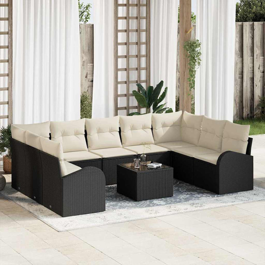 Tuinbankenset met kussen 10 pcs Zwart en Wit poly rattan