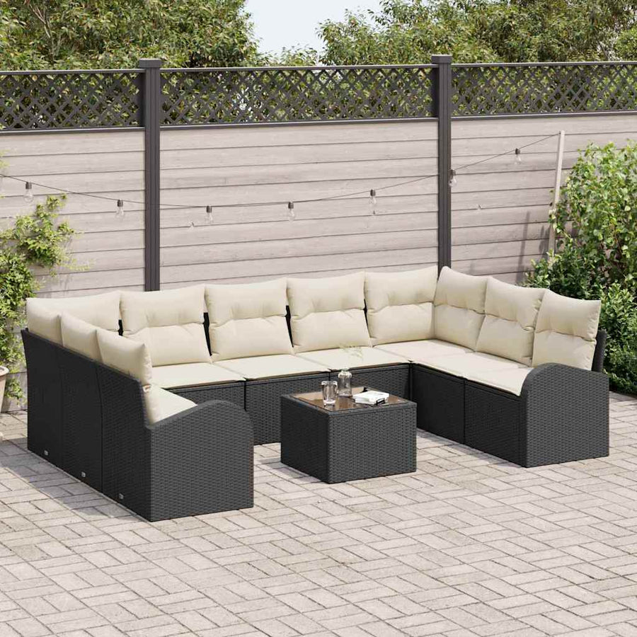 Tuinbankenset met kussen 10 pcs Zwart en Wit poly rattan
