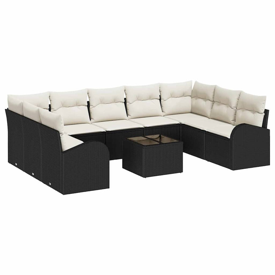Tuinbankenset met kussen 10 pcs Zwart en Wit poly rattan