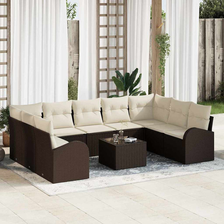Tuinbankenset met kussen 10 pcs Bruin en wit poly rattan