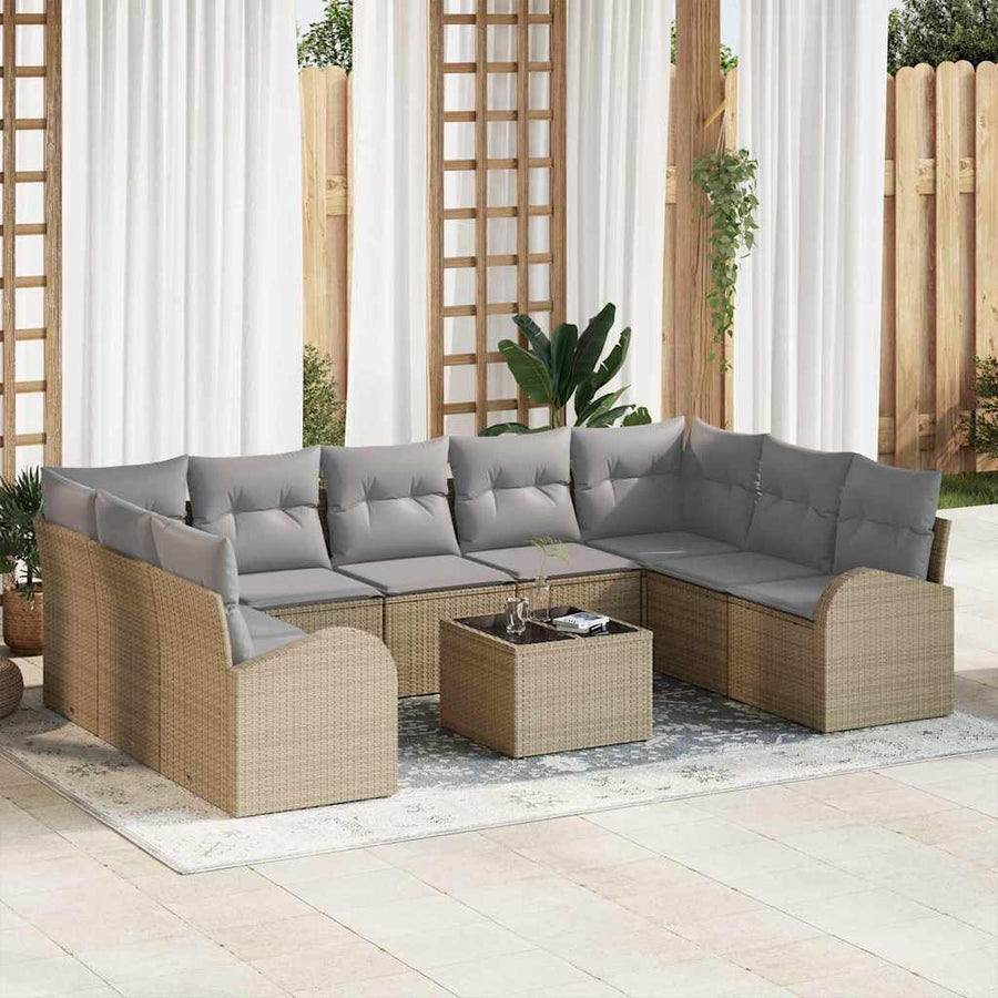 Tuinbankenset met kussen 10 pcs Beige en lichtgrijs poly rattan