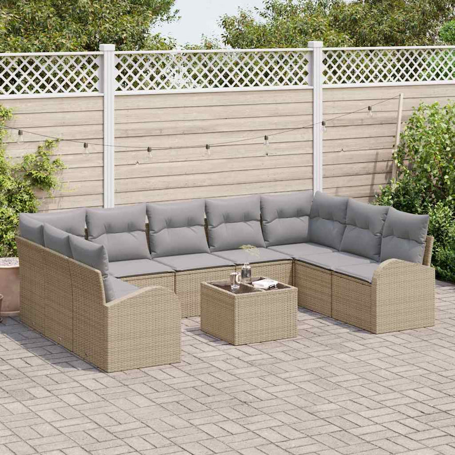 Tuinbankenset met kussen 10 pcs Beige en lichtgrijs poly rattan