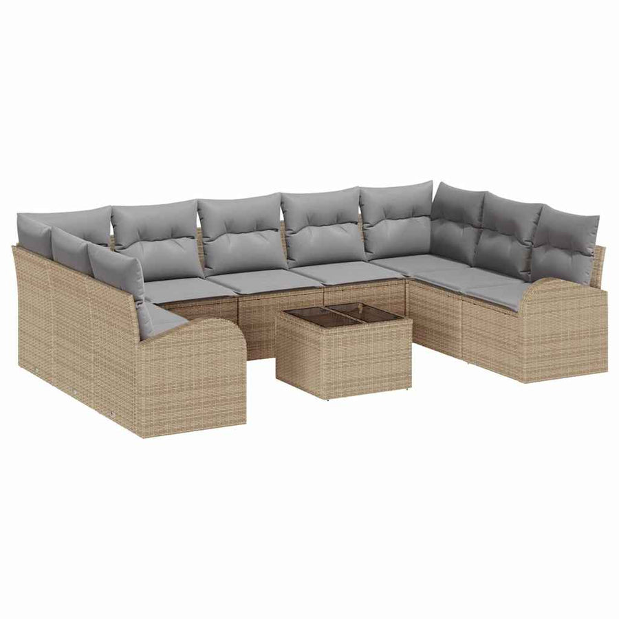 Tuinbankenset met kussen 10 pcs Beige en lichtgrijs poly rattan