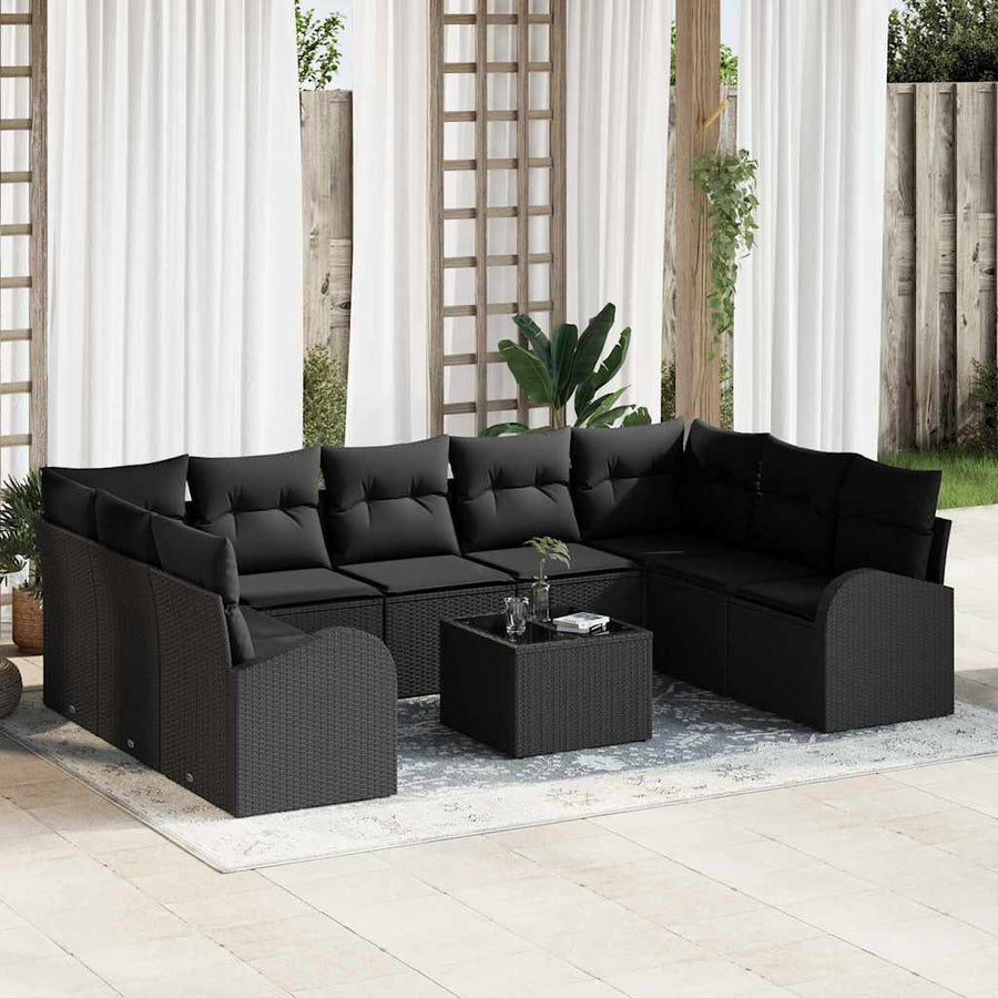 Tuinbankenset met kussen met opslag 10 pcs Zwart poly rattan