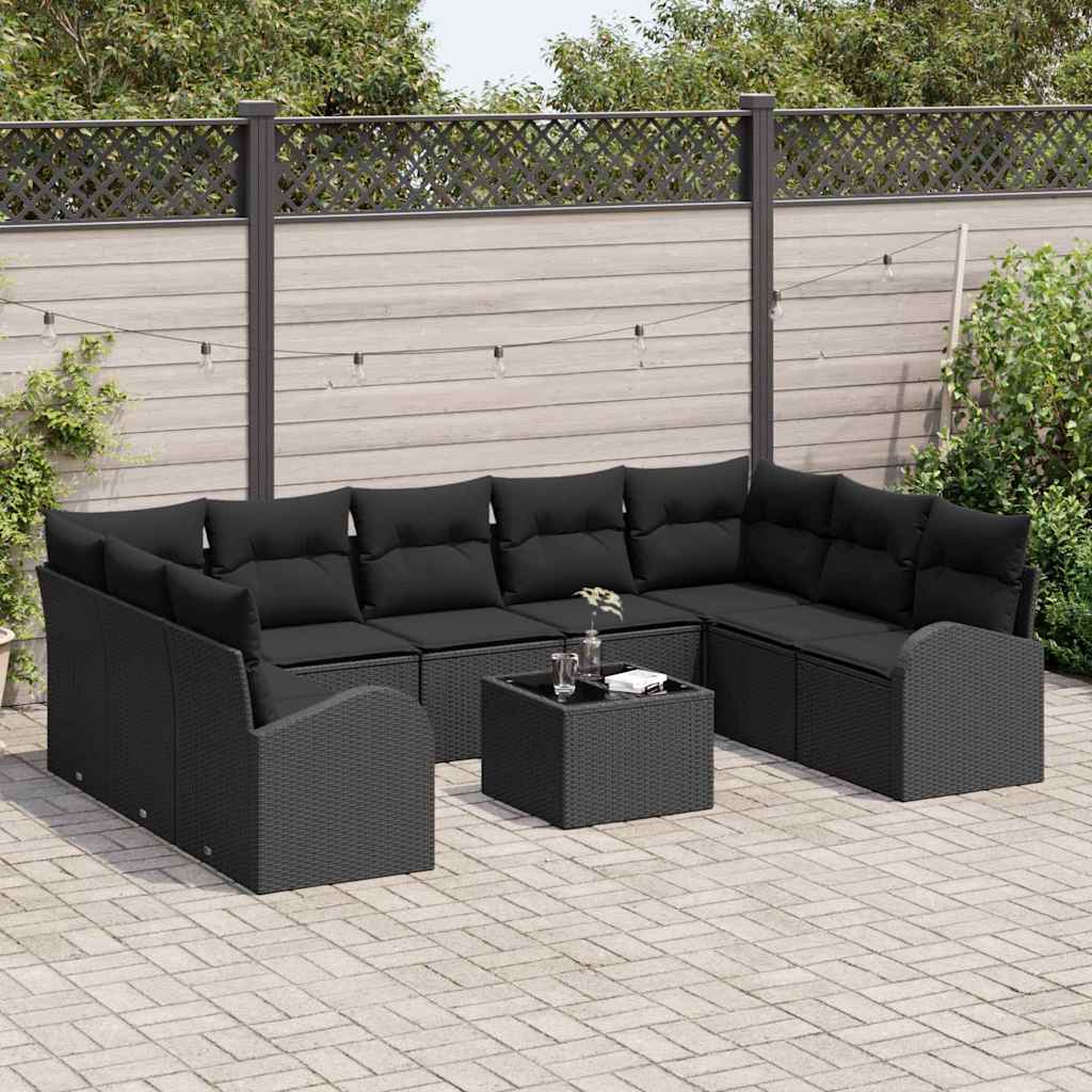 Tuinbankenset met kussen met opslag 10 pcs Zwart poly rattan