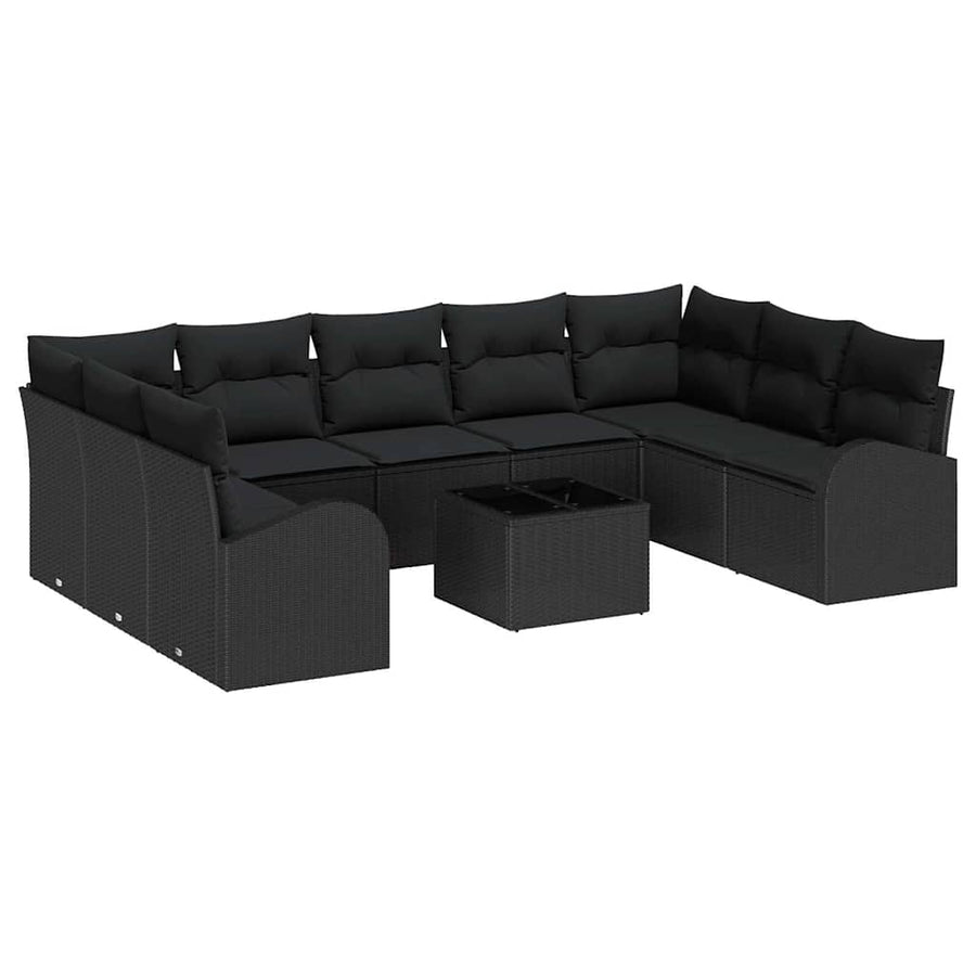 Tuinbankenset met kussen met opslag 10 pcs Zwart poly rattan