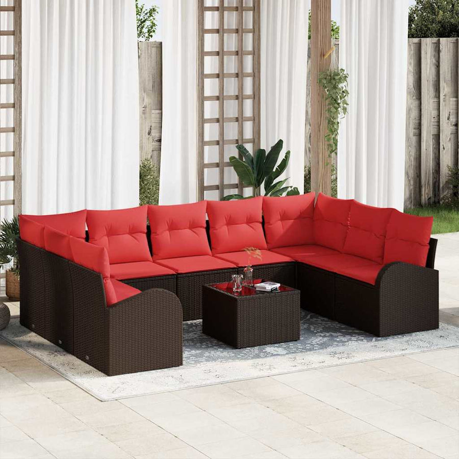 Tuinbankenset met kussen 10 pcs Bruin en Rood poly rattan