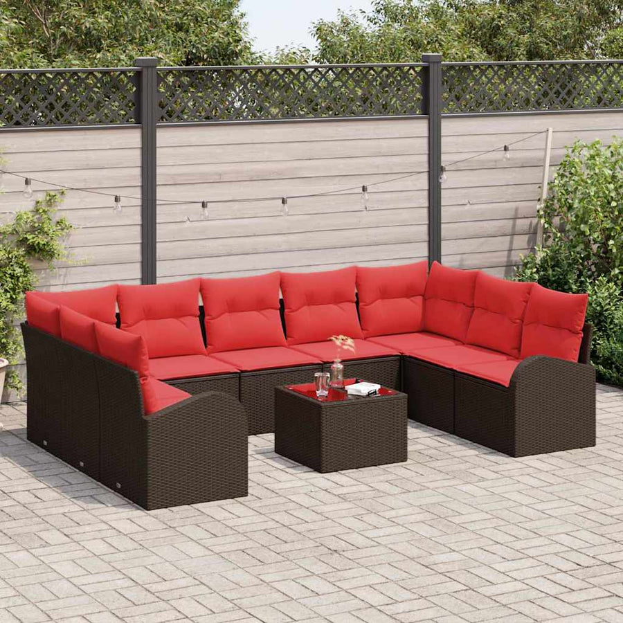 Tuinbankenset met kussen 10 pcs Bruin en Rood poly rattan