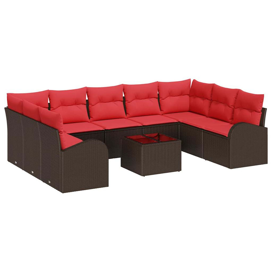 Tuinbankenset met kussen 10 pcs Bruin en Rood poly rattan