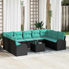 Tuinbankenset Met Kussen 10 Pcs Poly Rattan Zwart en turquoise