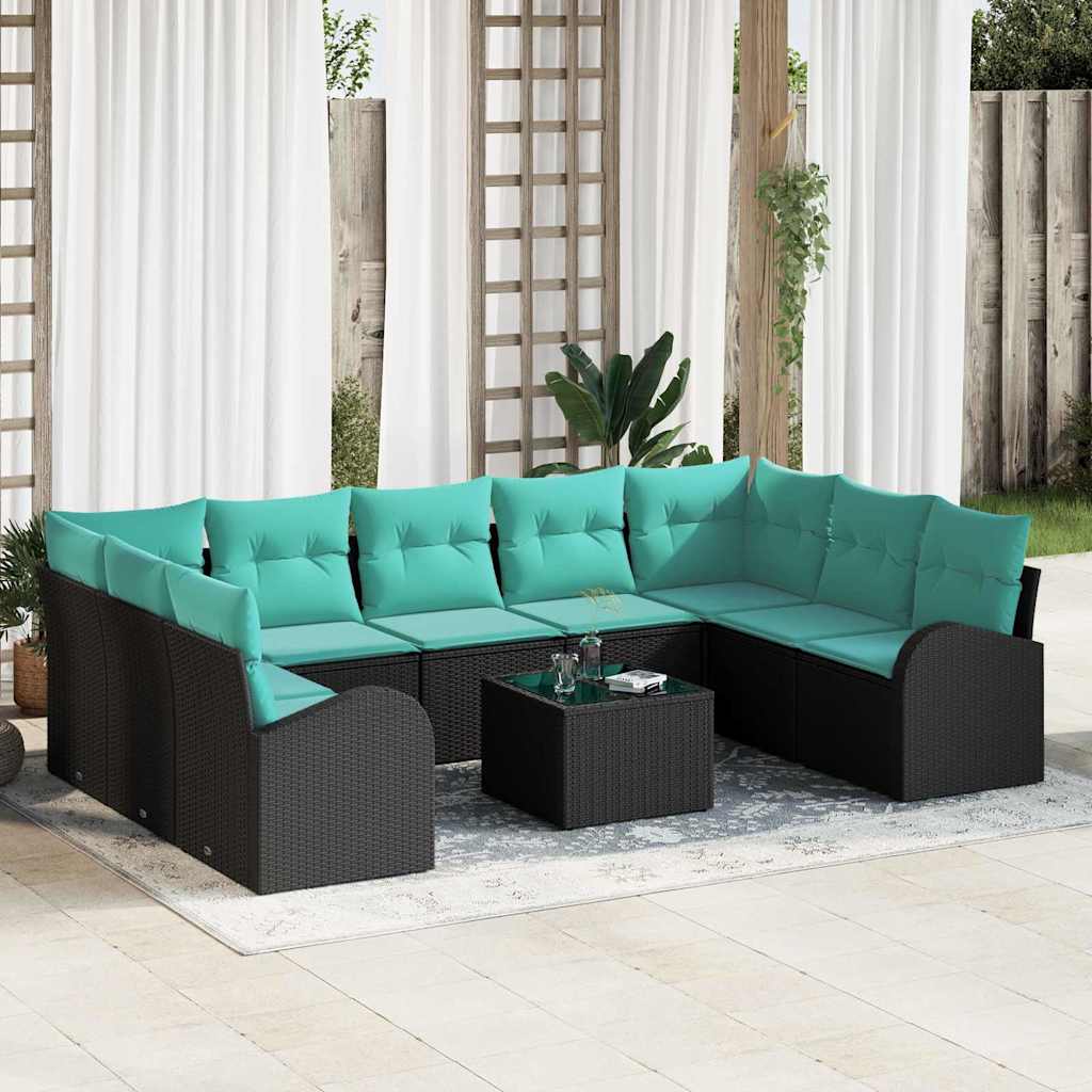 Tuinbankenset Met Kussen 10 Pcs Poly Rattan Zwart en turquoise