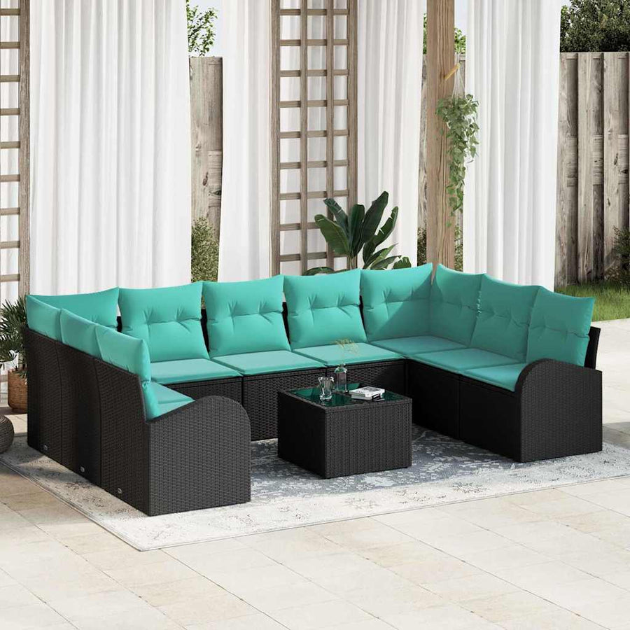 Tuinbankenset Met Kussen 10 Pcs Poly Rattan Zwart en turquoise