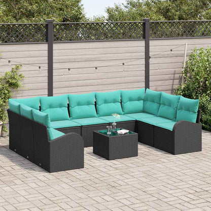 Tuinbankenset Met Kussen 10 Pcs Poly Rattan Zwart en turquoise