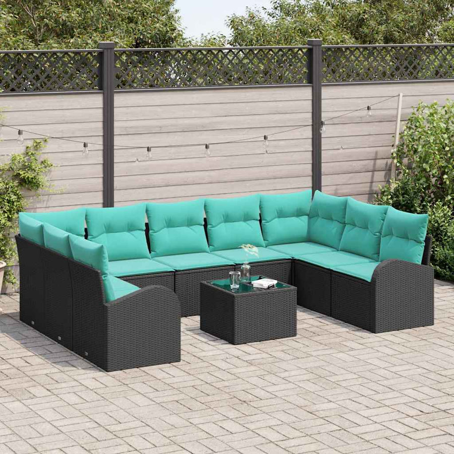 Tuinbankenset Met Kussen 10 Pcs Poly Rattan Zwart en turquoise