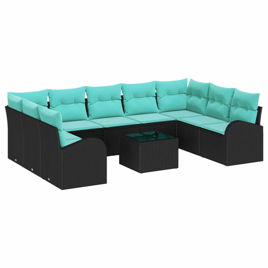Tuinbankenset Met Kussen 10 Pcs Poly Rattan Zwart en turquoise