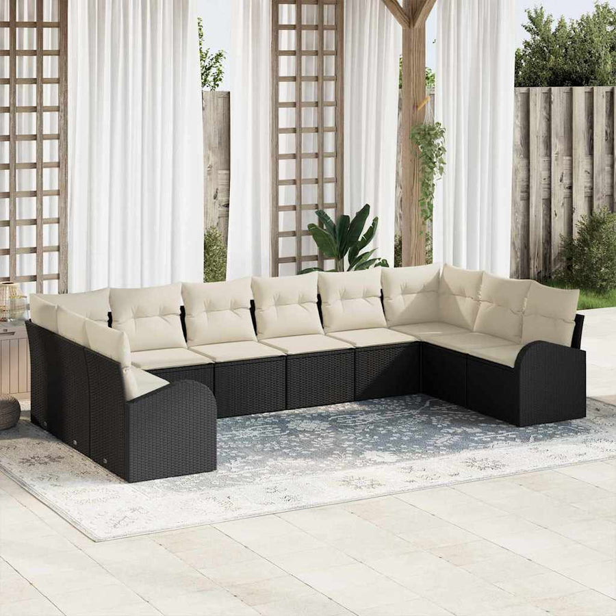Tuinbankenset met kussen 10 pcs Zwart en Wit poly rattan
