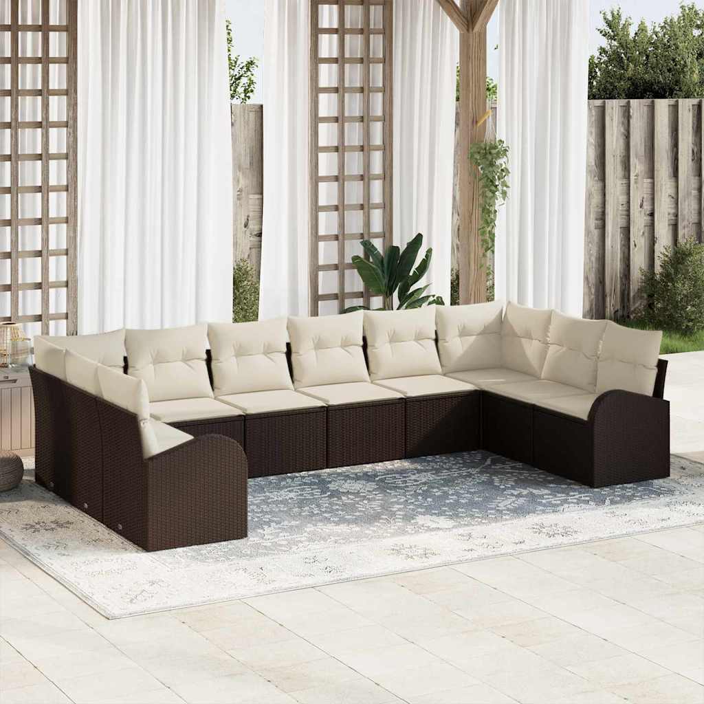 Tuinbankenset met kussen 10 pcs Bruin en wit poly rattan
